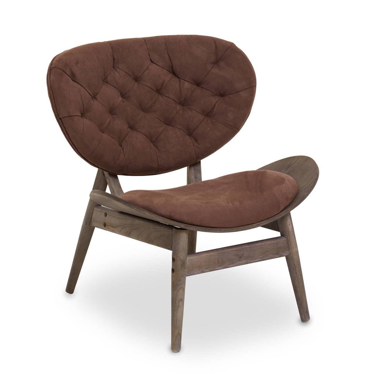 Brown velvet chair featuring a tufted backrest and a wide, comfortable seat. The chair is supported by a dark elm wood frame with a natural finish, showcasing a modern design.