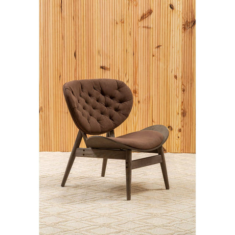 Brown velvet chair featuring a tufted backrest and a sleek, dark elm wood frame.