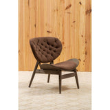 Brown velvet chair featuring a tufted backrest and a sleek, dark elm wood frame.
