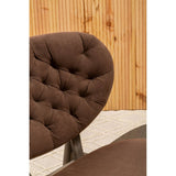 Brown velvet chair featuring a tufted backrest and a dark elm wood frame, set against a backdrop of natural wood paneling.