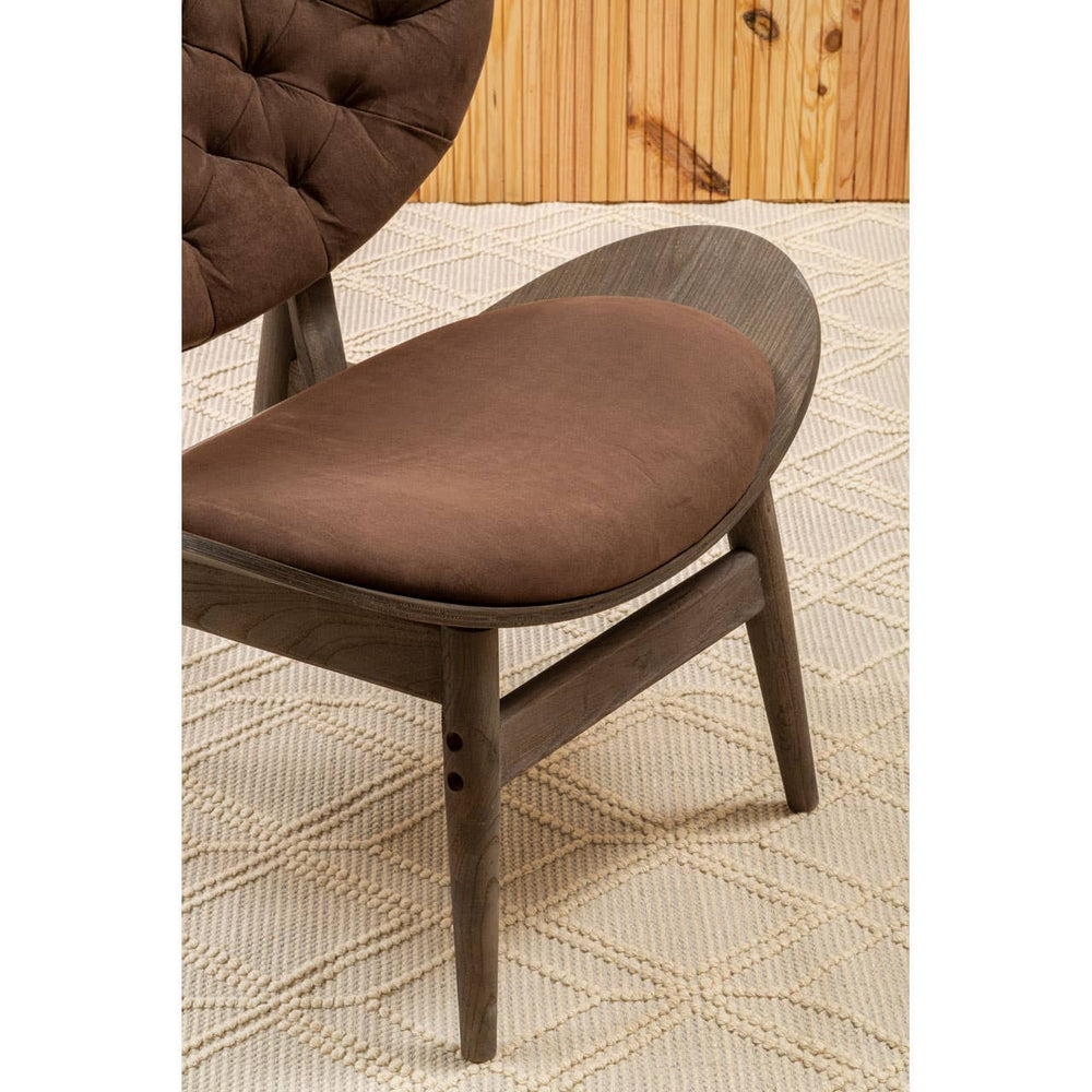 Brown velvet chair featuring a rounded seat and a tufted backrest, supported by a dark elm wood frame with visible wood grain.