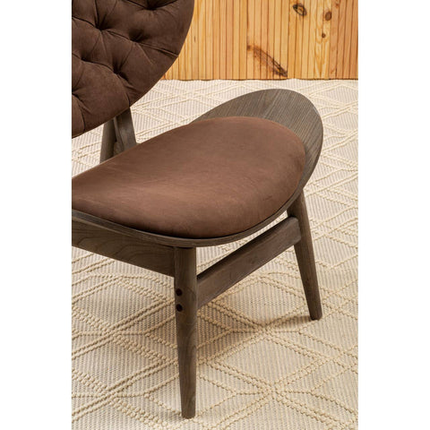 Brown velvet chair featuring a rounded seat and a tufted backrest, supported by a dark elm wood frame with visible wood grain.