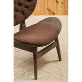 Brown velvet chair featuring a rounded seat and a tufted backrest, supported by a dark elm wood frame with visible wood grain.