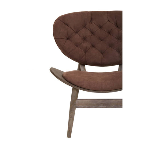 Brown velvet chair featuring a tufted backrest and a curved seat, supported by a natural dark elm wood frame with angled legs.