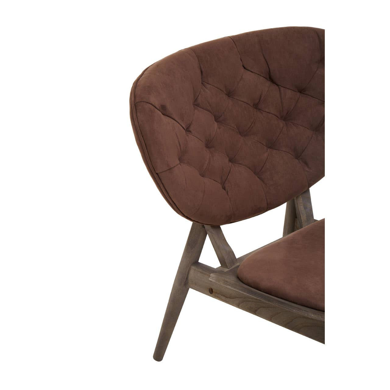 Brown velvet chair featuring a tufted backrest and a dark elm wood frame. The chair has a rounded shape with a plush seat cushion, complemented by angled wooden legs.