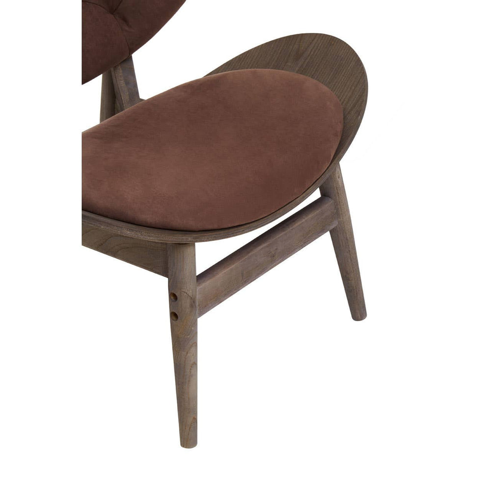Brown velvet chair featuring a rounded seat and backrest, supported by a dark elm wood frame with visible wood grain.