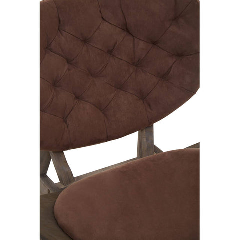 Brown velvet chair featuring a tufted backrest and a comfortable seat cushion, supported by a sturdy dark elm wood frame.