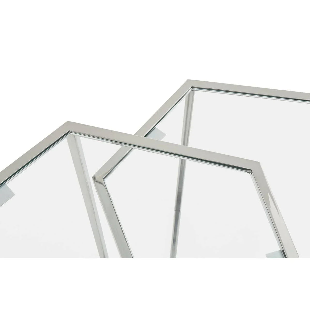 Closeup of modern glass coffee table with chrome metal frame