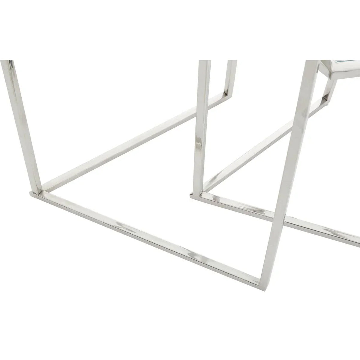 Chrome metal table base with square geometric frame on white background