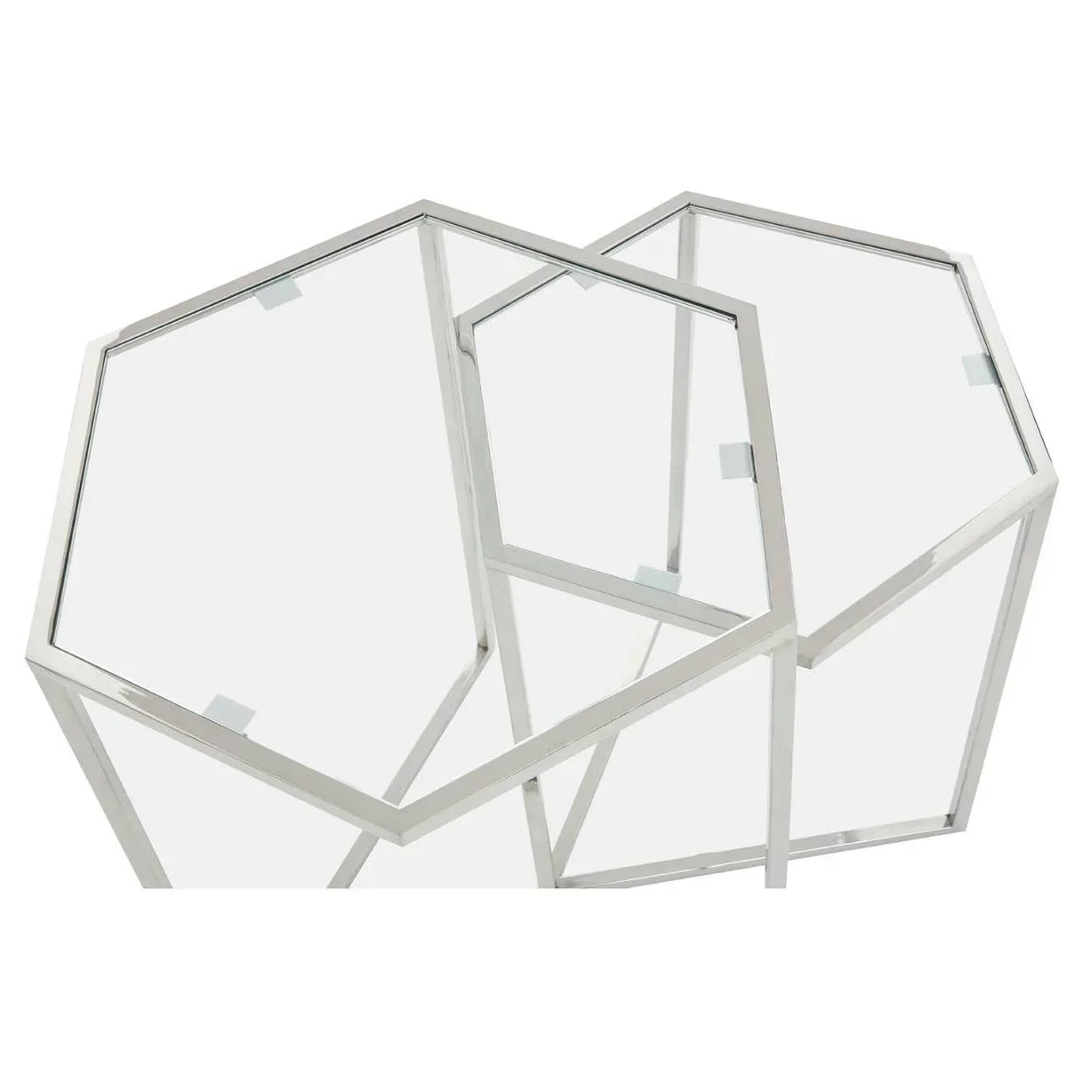 Hexagonal glass top nesting tables with chrome metal frames, geometric modern style