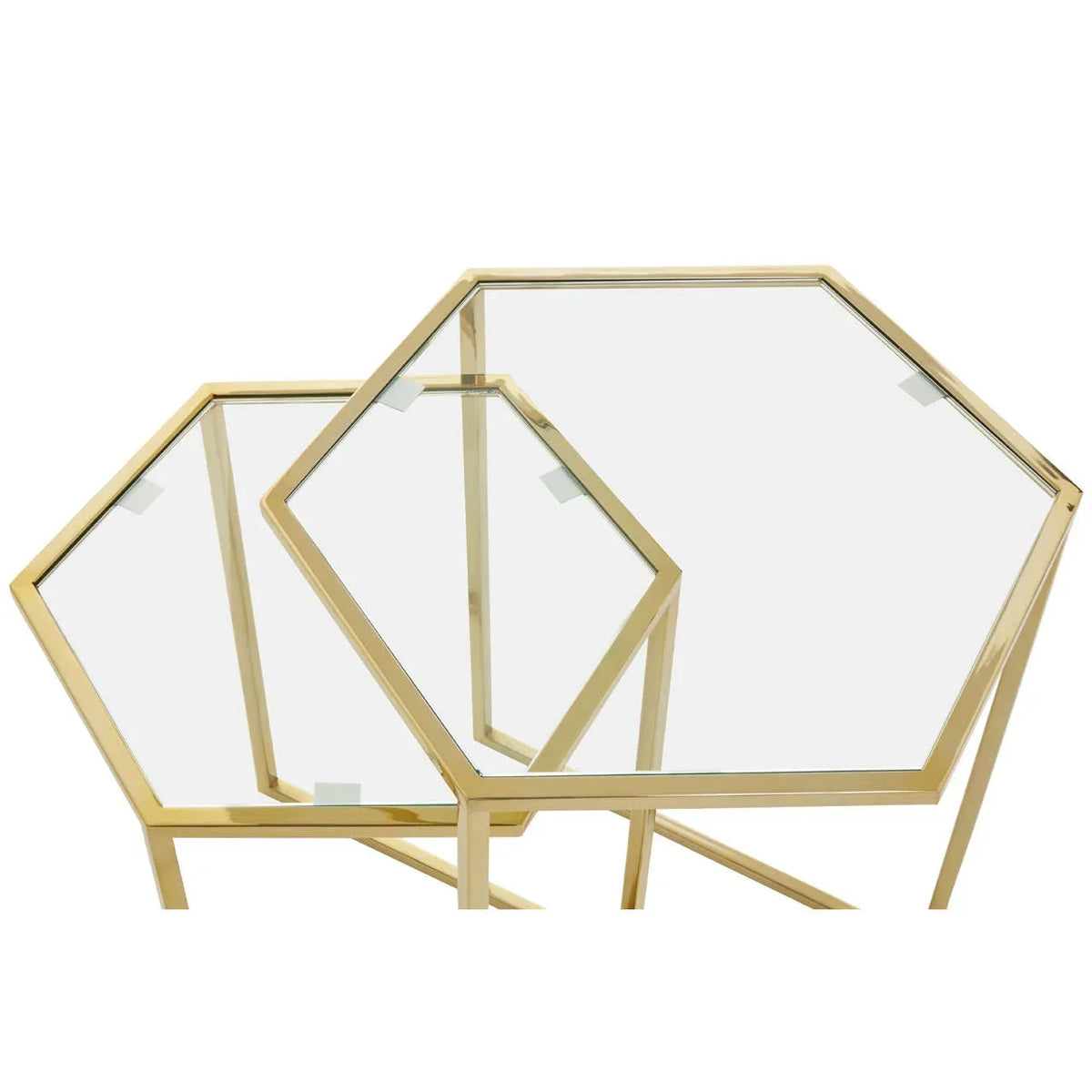 Set of gold hexagonal glass nest tables with metal frames, modern design