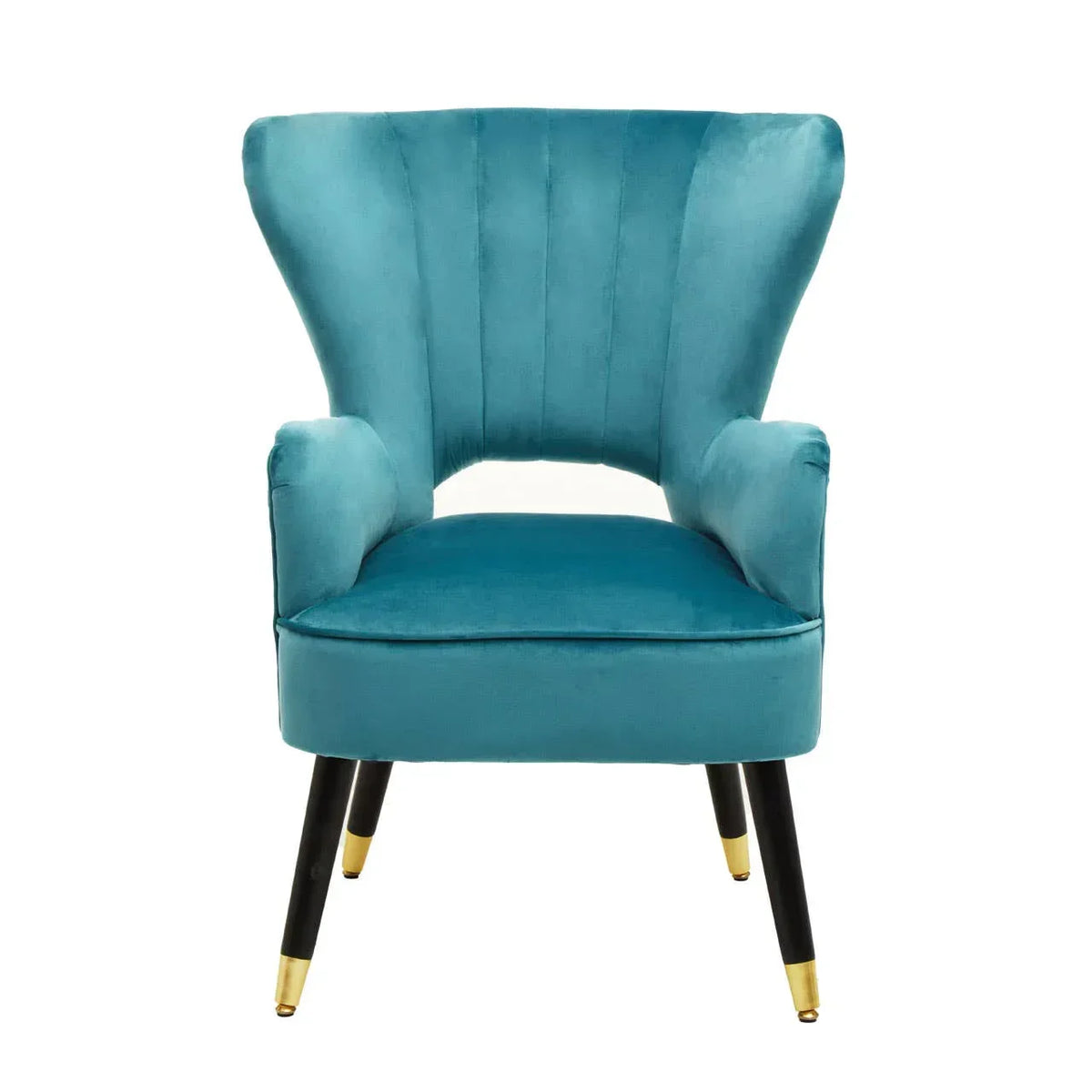 Teal velvet accent chair with flared backrest, black legs, and gold metal tips, front view