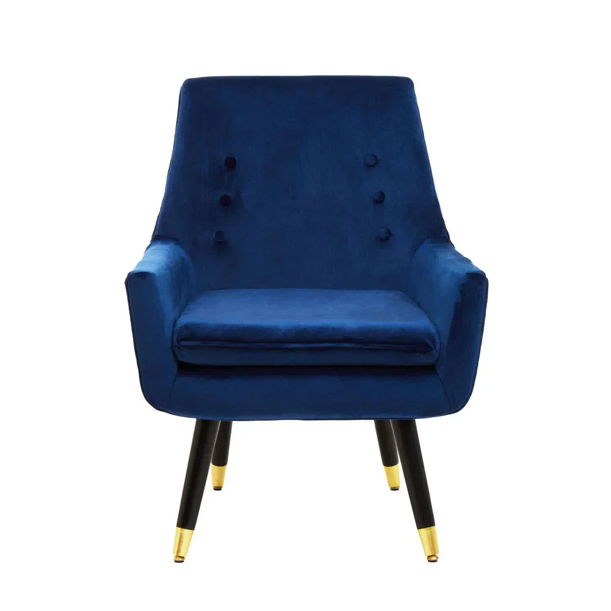 Blue velvet accent chair with gold-tipped black legs, front view