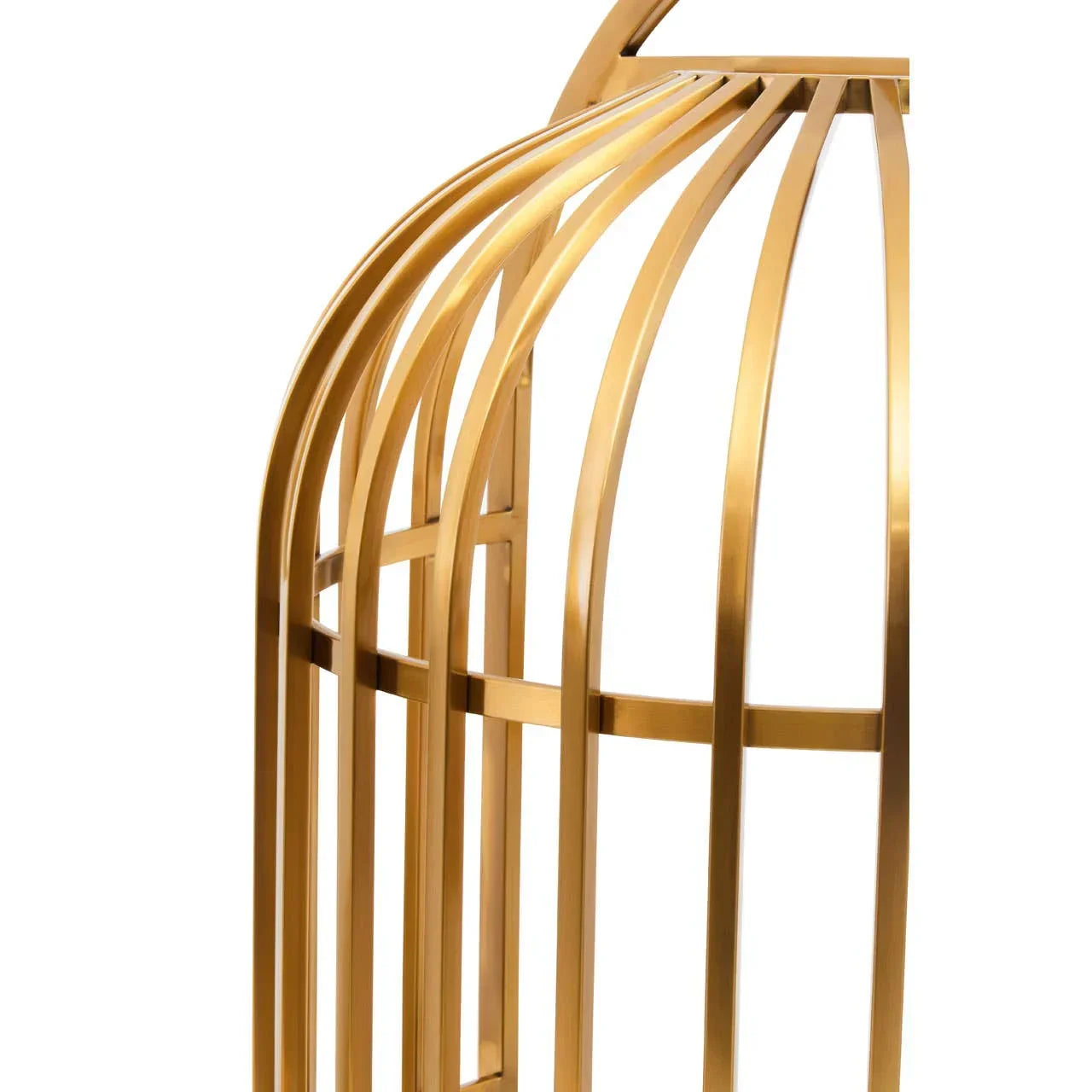Curved gold metal frame detail of modern furniture against white background