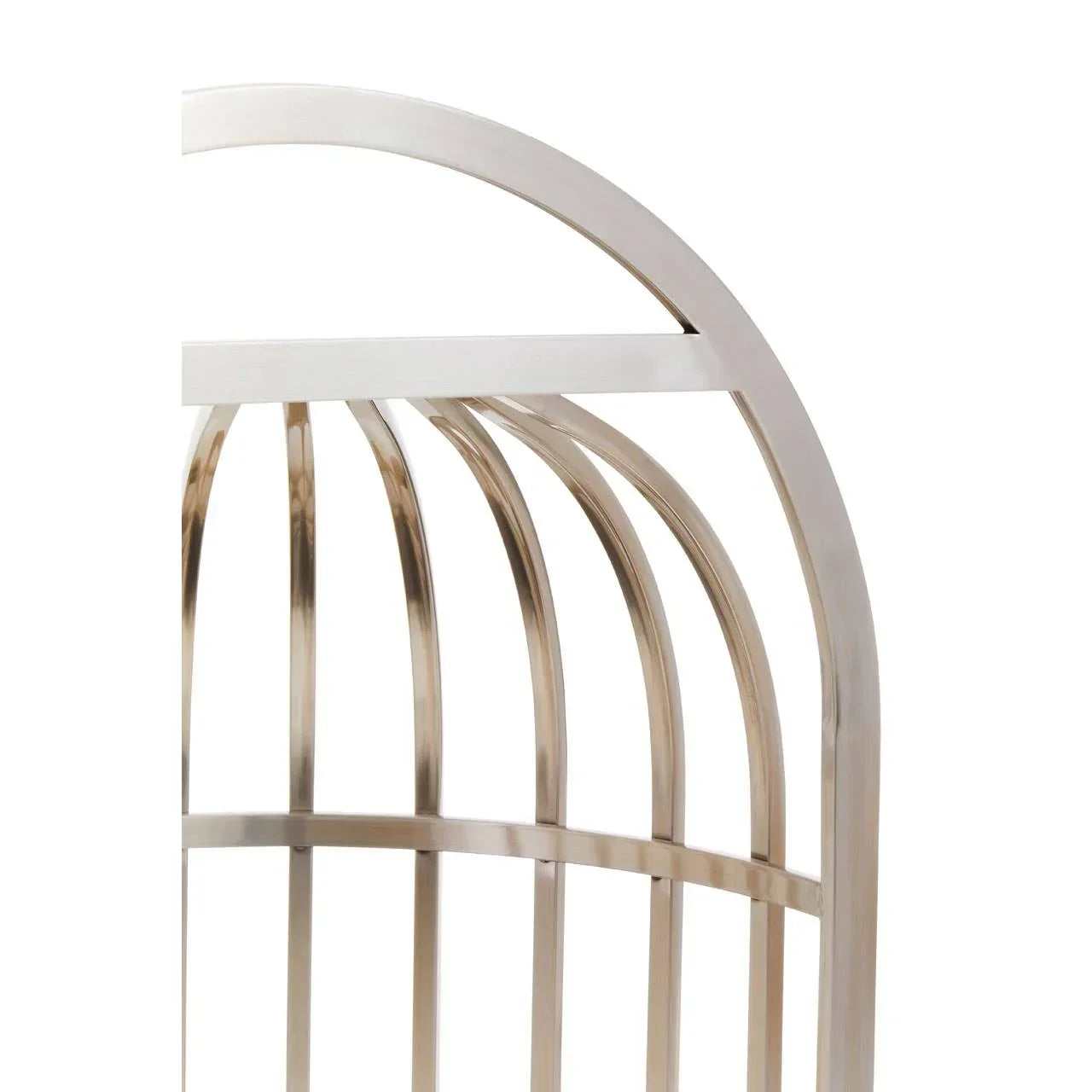 Curved chrome metal bed frame headboard with vertical slats, close-up view