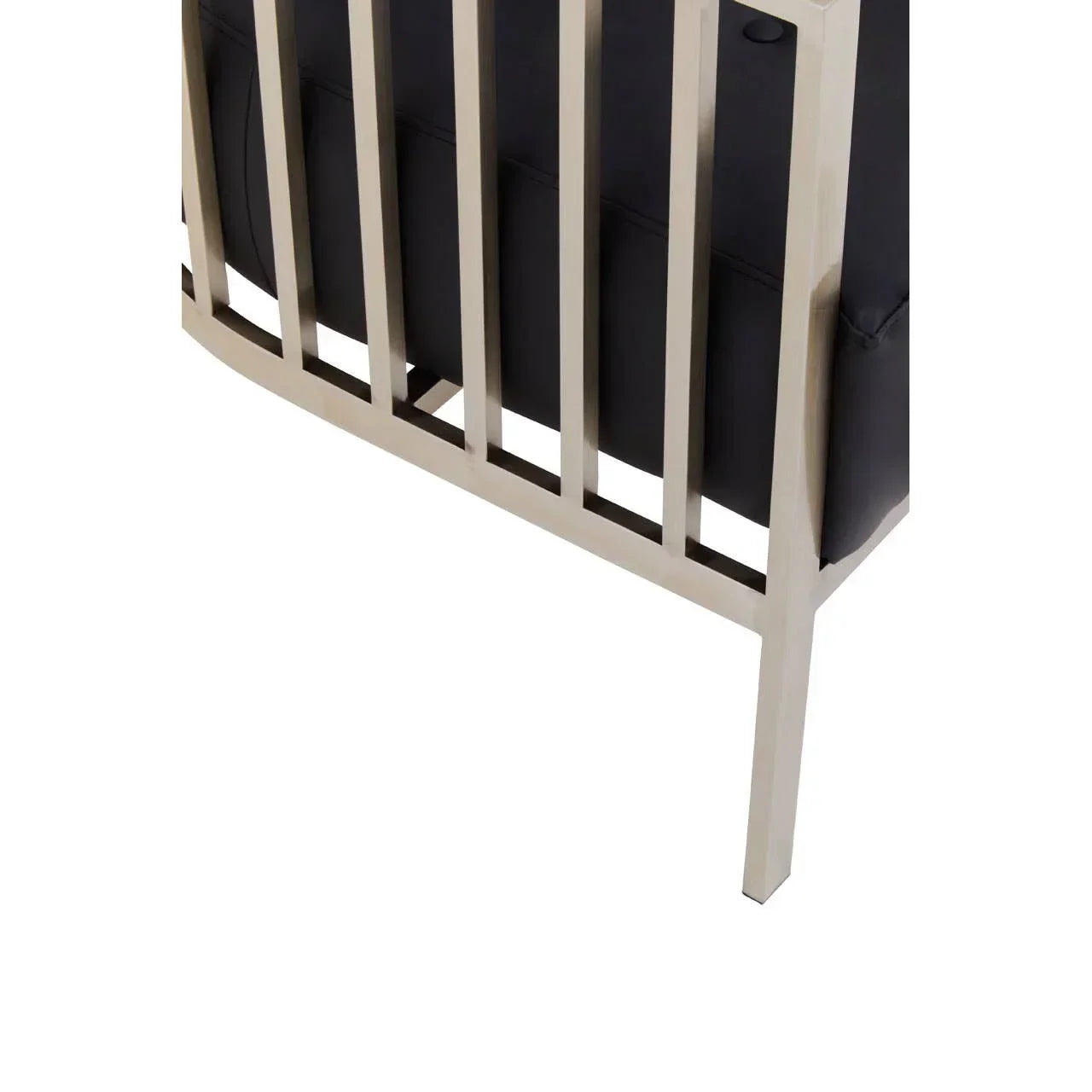 Metal sofa frame with vertical slats and black cushioned upholstery detail