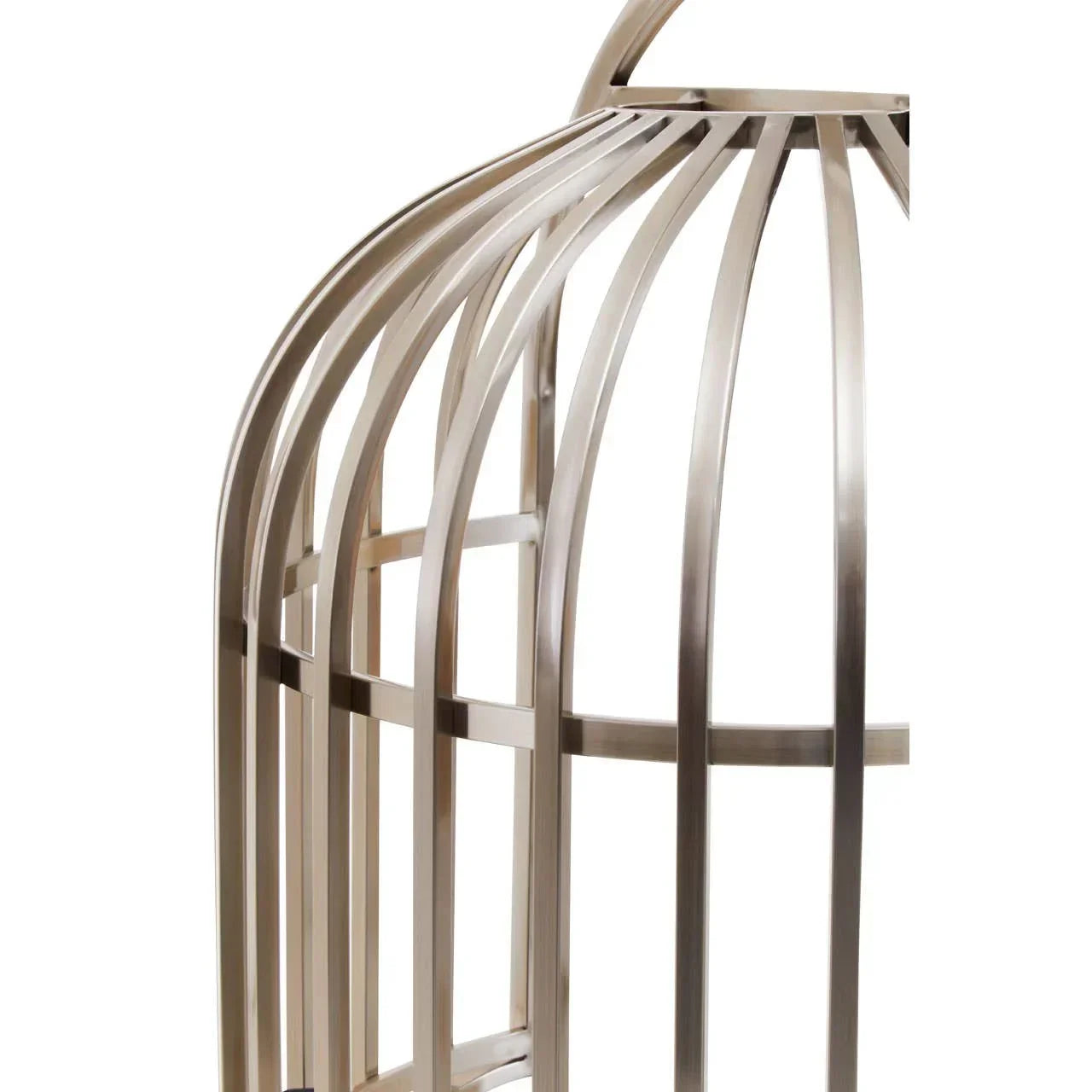 Brushed metal frame detail of modern accent chair with curved backrest bars