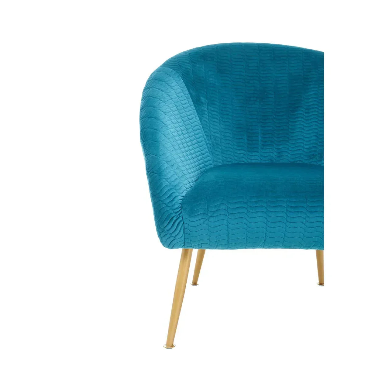 Blue accent chair with textured upholstery and gold metal legs, close-up front view