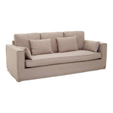 Three-seat sofa upholstered in light grey fabric, featuring a modern design with thick armrests and three plush back cushions. The sofa has a low profile and a sturdy base, making it suitable for contemporary living spaces