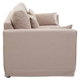 Three-seat sofa upholstered in grey fabric, featuring a simple, modern design with plush back cushions and armrests. The sofa has a clean profile and sits on small, discreet legs