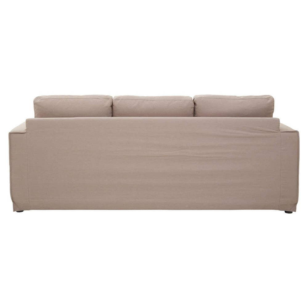 Three-seat sofa upholstered in grey fabric, featuring a sleek, minimalist design with a smooth back and three plush cushions. The sofa has a clean, straight silhouette and a solid base, making it suitable for modern living spaces