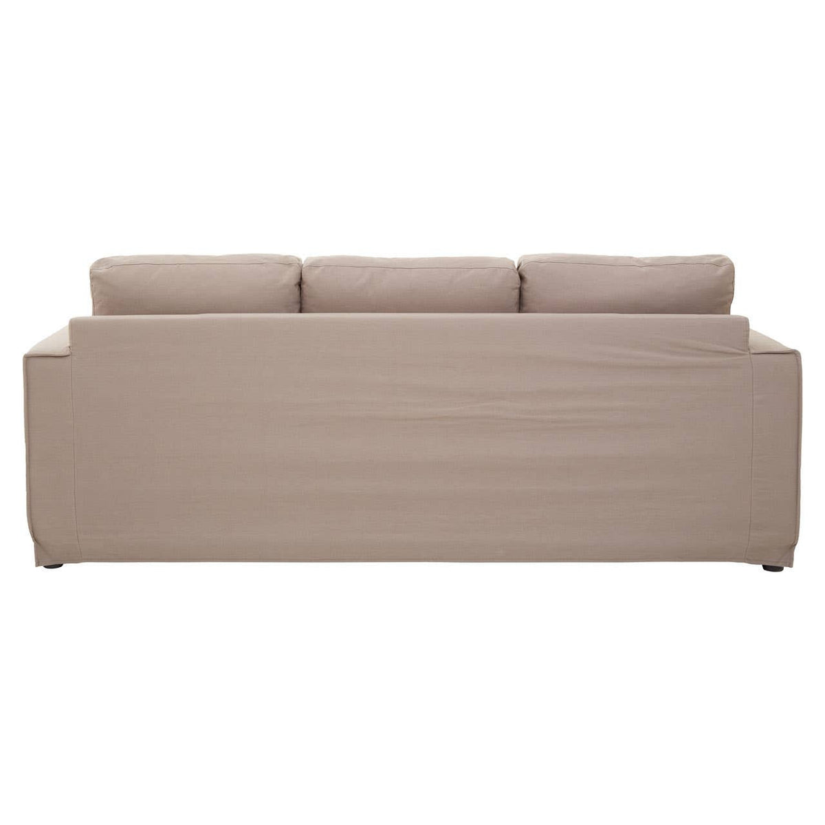 Three-seat sofa upholstered in grey fabric, featuring a sleek, minimalist design with a smooth back and three plush cushions. The sofa has a clean, straight silhouette and a solid base, making it suitable for modern living spaces