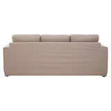 Three-seat sofa upholstered in grey fabric, featuring a sleek, minimalist design with a smooth back and three plush cushions. The sofa has a clean, straight silhouette and a solid base, making it suitable for modern living spaces