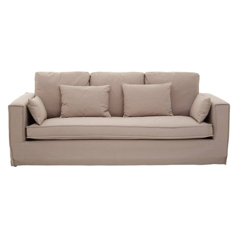 Three-seat sofa upholstered in light grey fabric, featuring a simple, modern design with square arms and three plush back cushions. Two additional smaller cushions are placed at the front, enhancing comfort and style. The sofa has a clean, minimalist look suitable for various interior decor styles