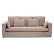 Three-seat sofa upholstered in light grey fabric, featuring a simple, modern design with square arms and three plush back cushions. Two additional smaller cushions are placed at the front, enhancing comfort and style. The sofa has a clean, minimalist look suitable for various interior decor styles