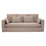 Three-seat sofa upholstered in light grey fabric, featuring a simple, modern design with square arms and three plush back cushions. Two additional smaller cushions are placed at the front, enhancing comfort and style. The sofa has a clean, minimalist look suitable for various interior decor styles