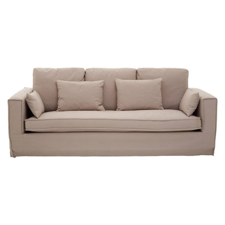 Three-seat sofa upholstered in light grey fabric, featuring a simple, modern design with square arms and three plush back cushions. Two additional smaller cushions are placed at the front, enhancing comfort and style. The sofa has a clean, minimalist look suitable for various interior decor styles