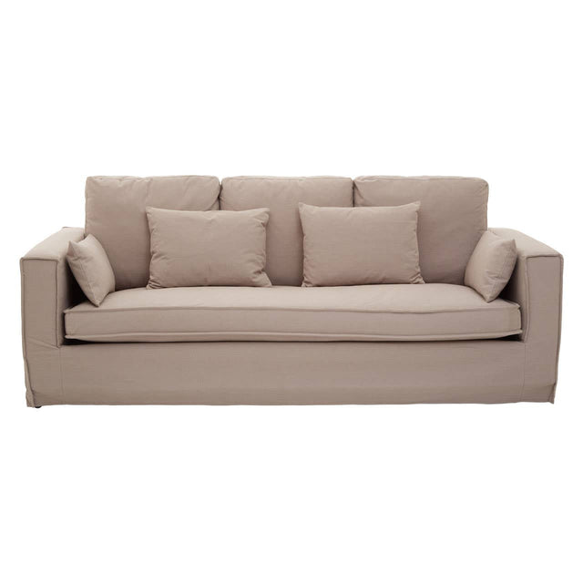 Three-seat sofa upholstered in light grey fabric, featuring a simple, modern design with square arms and three plush back cushions. Two additional smaller cushions are placed at the front, enhancing comfort and style. The sofa has a clean, minimalist look suitable for various interior decor styles