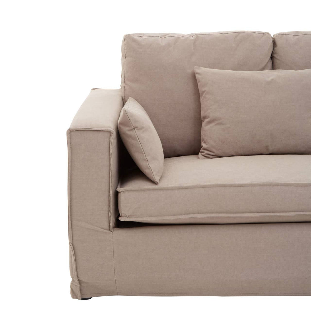 Three-seat sofa upholstered in soft grey fabric, featuring a modern design with clean lines. The sofa includes two large back cushions and one smaller decorative pillow, all in matching grey tones. The armrests are wide and square, providing a contemporary look. The base of the sofa is low and simple, enhancing its minimalist style