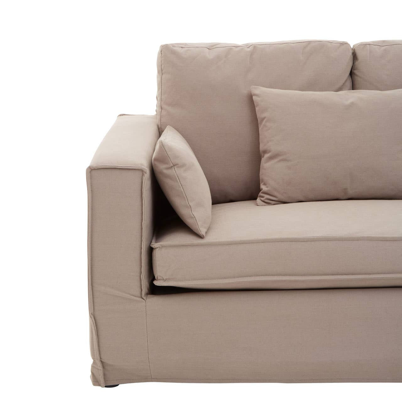 Three-seat sofa upholstered in soft grey fabric, featuring a modern design with clean lines. The sofa includes two large back cushions and one smaller decorative pillow, all in matching grey tones. The armrests are wide and square, providing a contemporary look. The base of the sofa is low and simple, enhancing its minimalist style