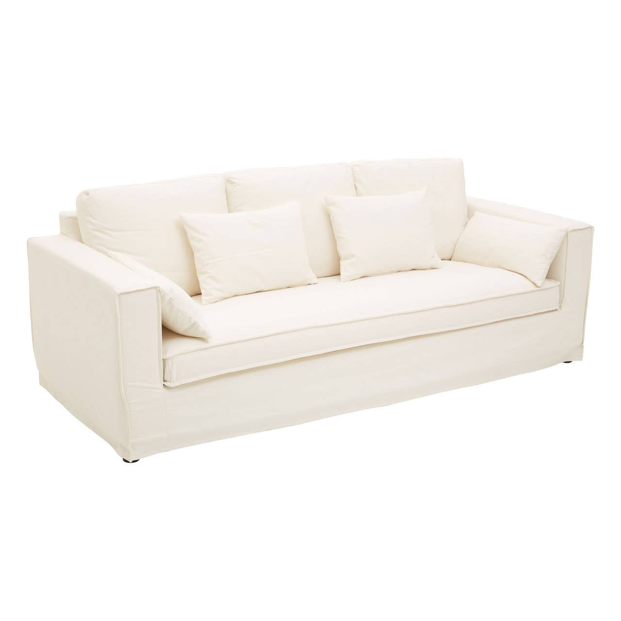 Cream-colored three-seat sofa with a modern design, featuring plush cushions and clean lines. The sofa has two large back cushions and two smaller side cushions, all upholstered in a soft fabric. The legs are short and sturdy, providing a minimalist look