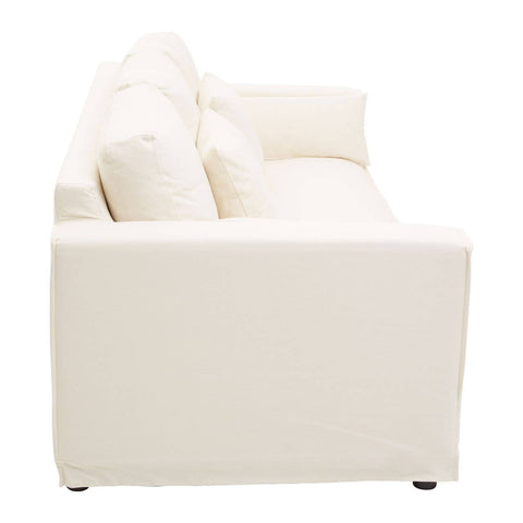 Cream-colored three-seat sofa with a sleek, modern design, featuring plush cushions and a minimalist silhouette. The sofa has a clean, straight back and is supported by small, round legs