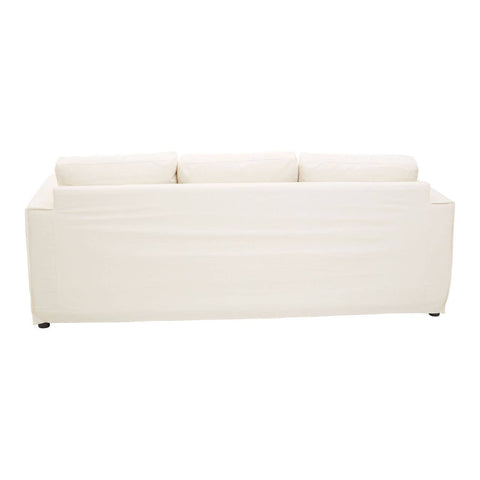 Three-seat cream sofa with a sleek design, featuring a smooth fabric upholstery and three cushioned backrests. The sofa has a minimalist style with a straight, low-profile silhouette and subtle stitching details. It rests on short, sturdy legs
