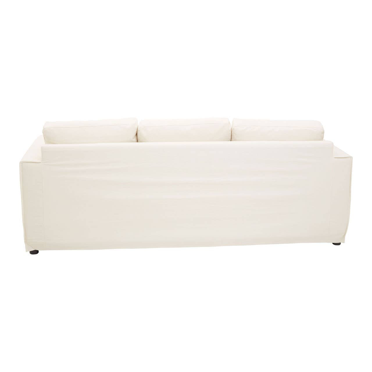 Three-seat cream sofa with a sleek design, featuring a smooth fabric upholstery and three cushioned backrests. The sofa has a minimalist style with a straight, low-profile silhouette and subtle stitching details. It rests on short, sturdy legs