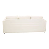 Three-seat cream sofa with a sleek design, featuring a smooth fabric upholstery and three cushioned backrests. The sofa has a minimalist style with a straight, low-profile silhouette and subtle stitching details. It rests on short, sturdy legs