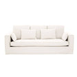 Cream-colored three-seat sofa featuring a modern design with plush cushions and three matching throw pillows. The sofa has a clean, minimalist silhouette and is upholstered in a soft fabric, making it suitable for various interior styles