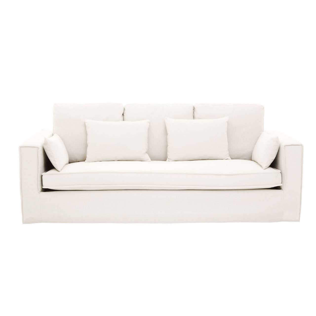 Cream-colored three-seat sofa featuring a modern design with plush cushions and three matching throw pillows. The sofa has a clean, minimalist silhouette and is upholstered in a soft fabric, making it suitable for various interior styles