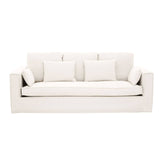 Cream-colored three-seat sofa featuring a modern design with plush cushions and three matching throw pillows. The sofa has a clean, minimalist silhouette and is upholstered in a soft fabric, making it suitable for various interior styles