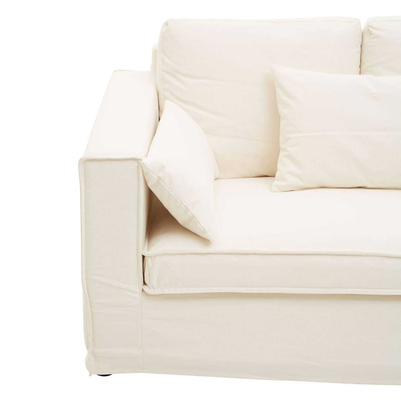 Cream-colored three-seat sofa with a modern design, featuring plush cushions and a minimalist frame. The sofa has a clean, smooth surface and includes a decorative pillow on one side, showcasing a contemporary style suitable for various interior settings