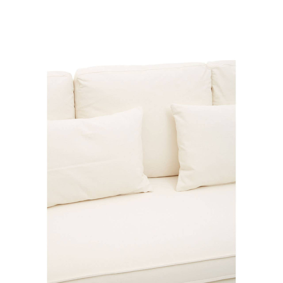 Cream-colored three-seat sofa with plush cushions and a smooth fabric finish, featuring two large back cushions and two smaller decorative pillows. The sofa has a modern design and a clean, minimalist aesthetic