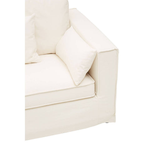 Cream-colored three-seat sofa with a modern design, featuring plush cushions and clean lines. The armrest is square and sturdy, complementing the overall minimalist aesthetic
