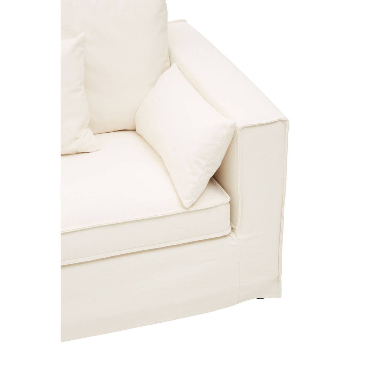 Cream-colored three-seat sofa with a modern design, featuring plush cushions and clean lines. The armrest is square and sturdy, complementing the overall minimalist aesthetic