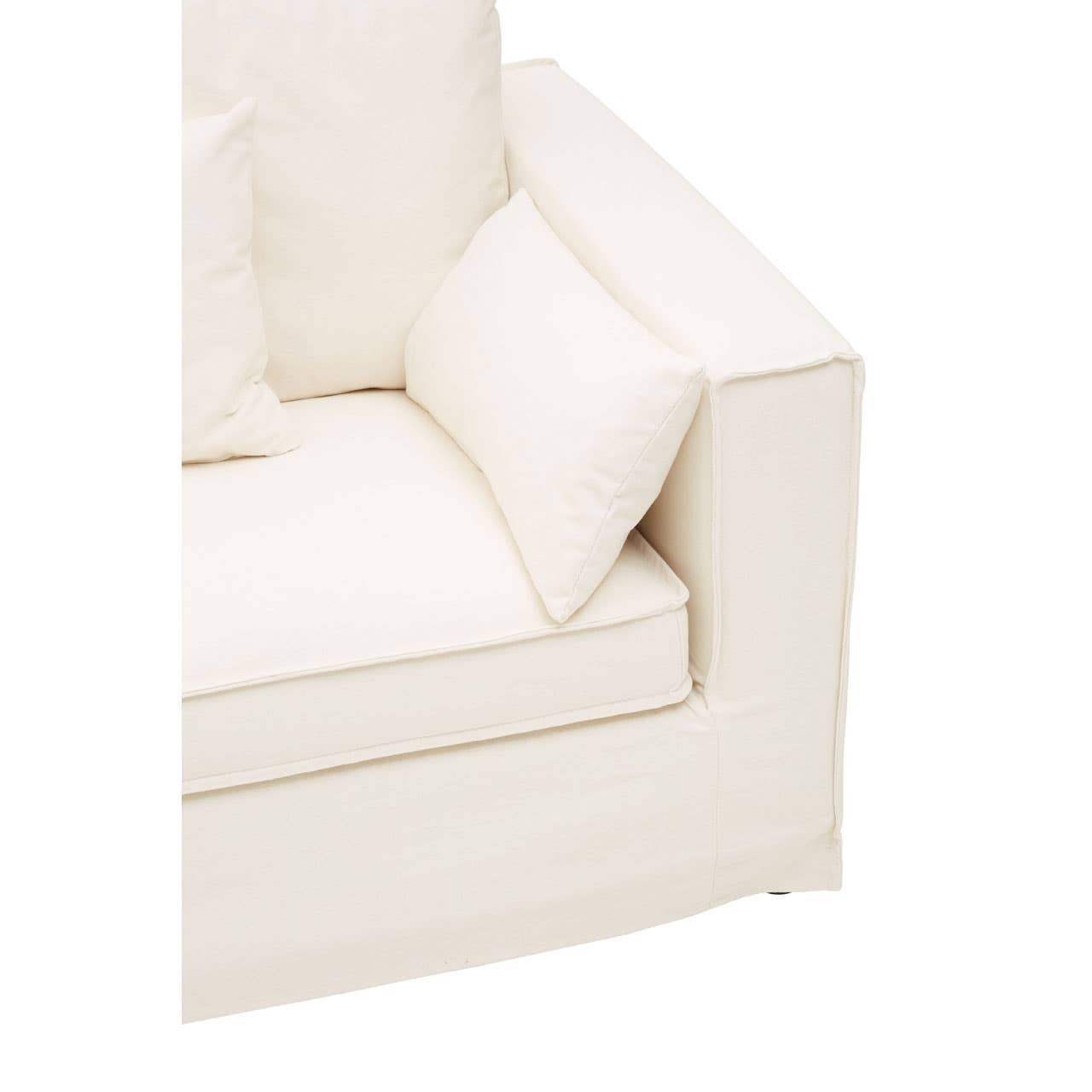 Cream-colored three-seat sofa with a modern design, featuring plush cushions and clean lines. The armrest is square and sturdy, complementing the overall minimalist aesthetic