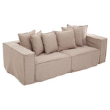Three-seat grey sofa with a modern design, featuring plush cushions and a clean, minimalist silhouette. The sofa has a soft fabric upholstery and includes several matching throw pillows for added comfort