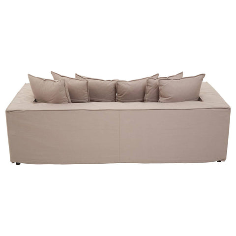 Three-seat grey sofa featuring a modern, minimalist design with a rectangular shape and five plush cushions on the backrest. The sofa has a clean, upholstered finish and sits on short, sturdy legs