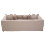 Three-seat grey sofa featuring a modern, minimalist design with a rectangular shape and five plush cushions on the backrest. The sofa has a clean, upholstered finish and sits on short, sturdy legs